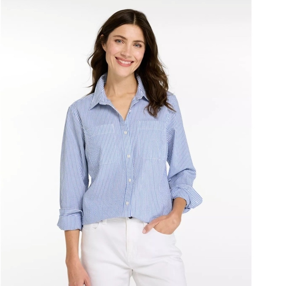 L.L.Bean Women's Vacationland Seersucker Shirt, Long-Sleeve Med L71